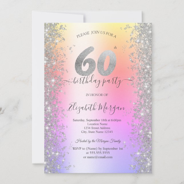Invitation Silver Sparkle Diamonds Ombre 60e fête d'anniversa (Devant)
