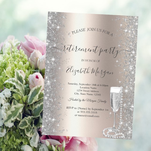 Invitation Silver Sparkle Prosecco Perles Ivoire Retraite  (Créateur téléchargé)
