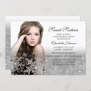 Invitation Silver Sparkle Snowflake Photo Sweet 16