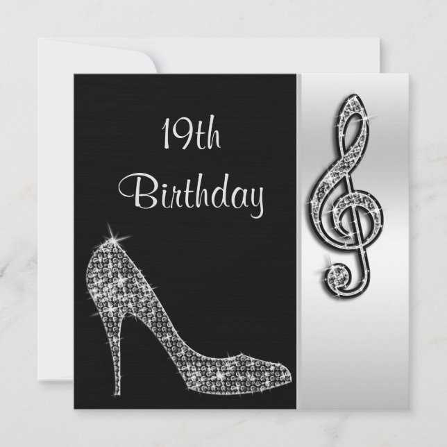 Invitation Silver Stiletto & Treble Clé 19e Anniversaire (Devant)