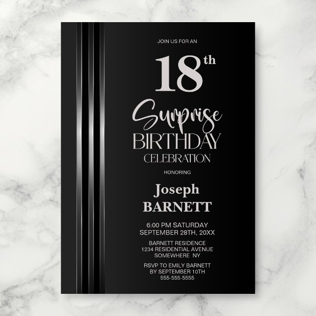 Invitation Silver Striped Black Grey 18th Surprise Birthday (Créateur téléchargé)