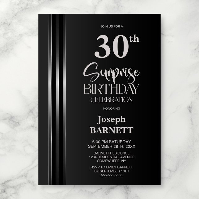 Invitation Silver Striped Black Grey 30th Surprise Birthday (Créateur téléchargé)