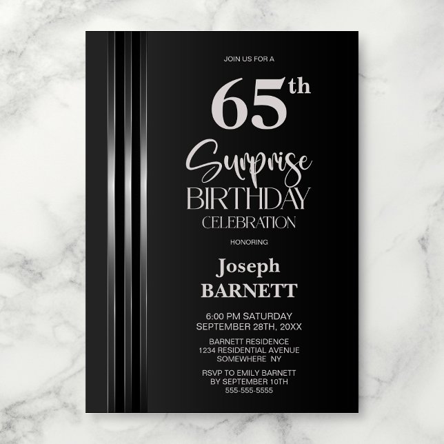 Invitation Silver Striped Black Grey 65th Surprise Birthday (Créateur téléchargé)
