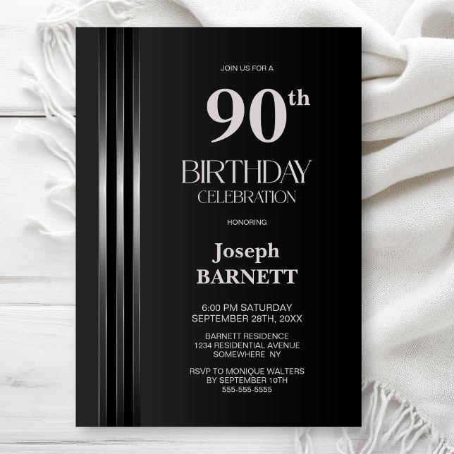 Invitation Silver Striped Black Grey 90th Birthday Party (Créateur téléchargé)