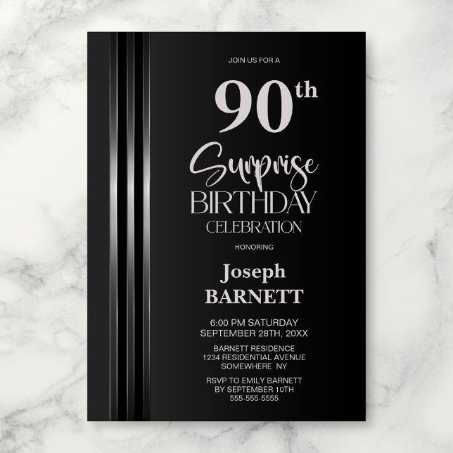 Invitation Silver Striped Black Grey 90th Surprise Birthday (Créateur téléchargé)