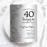 Invitation Silver Surprise 40e anniversaire<br><div class="desc">Invitation à la fête du 40e anniversaire de Silver Surprise. Design féminin de glam avec fausse feuille d'argent, accents botaniques et police de script de typographie. Carte invitation florale simple parfaite pour une célébration anniversaire surprise femme élégante. Peut être customisé à n'importe quel âge. Invitations Zazzle imprimées ou téléchargement instantané...</div>
