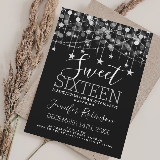 Invitation Silver Sweet 16 Anniversaire Éclairage à cordes (Silver Sweet 16 Birthday Sparkly String Lights Invitation)