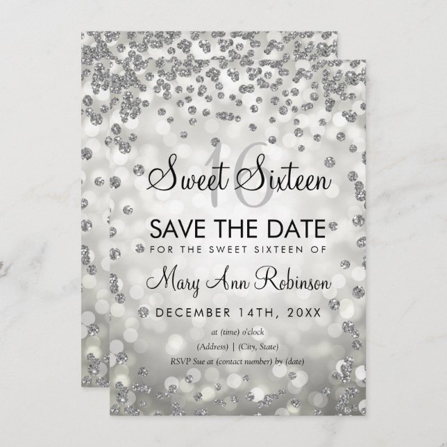 Invitation Silver Sweet 16 Enregistrer La Date Parties scinti (Devant / Derrière)
