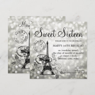 Invitation Silver Sweet sixteen Romantique Paris Glam