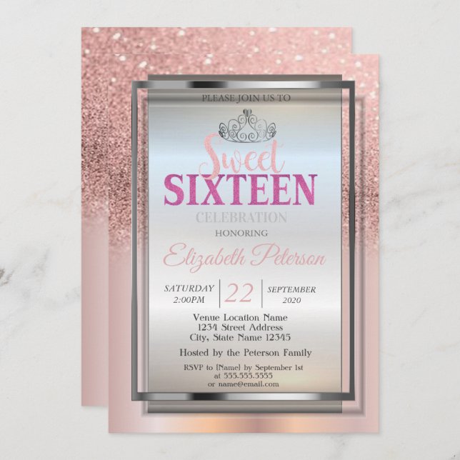Invitation Silver Tiara, Rose Gold Parties scintillant Sweet  (Devant / Derrière)