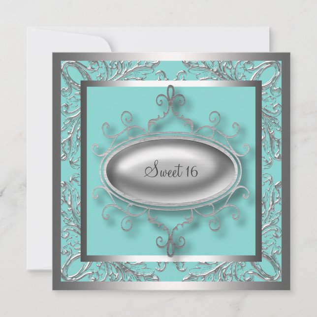 Invitation Silver Turquoise Blue Sweet 16 Anniversaire (Devant)