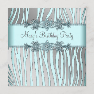 Invitation Silver Turquoise Blue Zebra Fête d'anniversaire