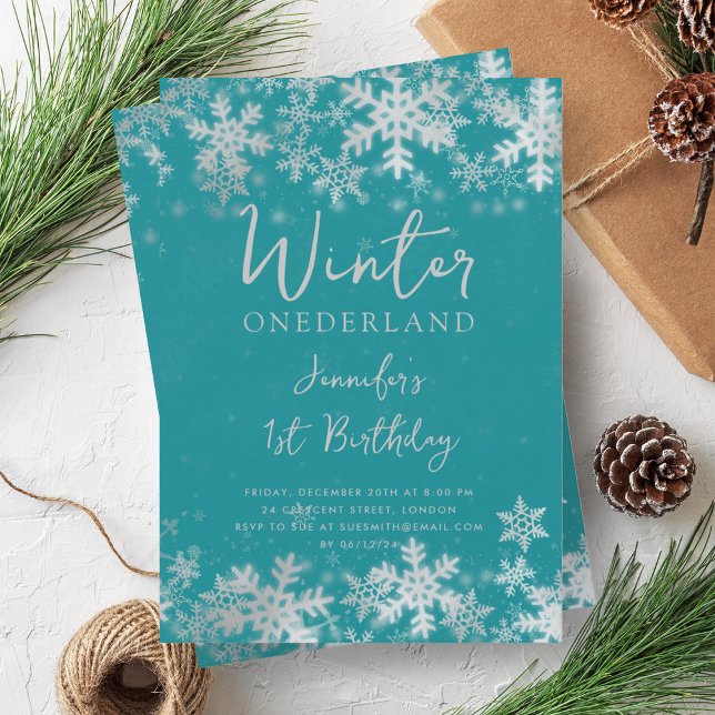 Invitation Silver Turquoise Hiver ONEDERLAND 1er anniversaire (Silver Turquoise Winter ONEDERLAND 1st Birthday Invitation)