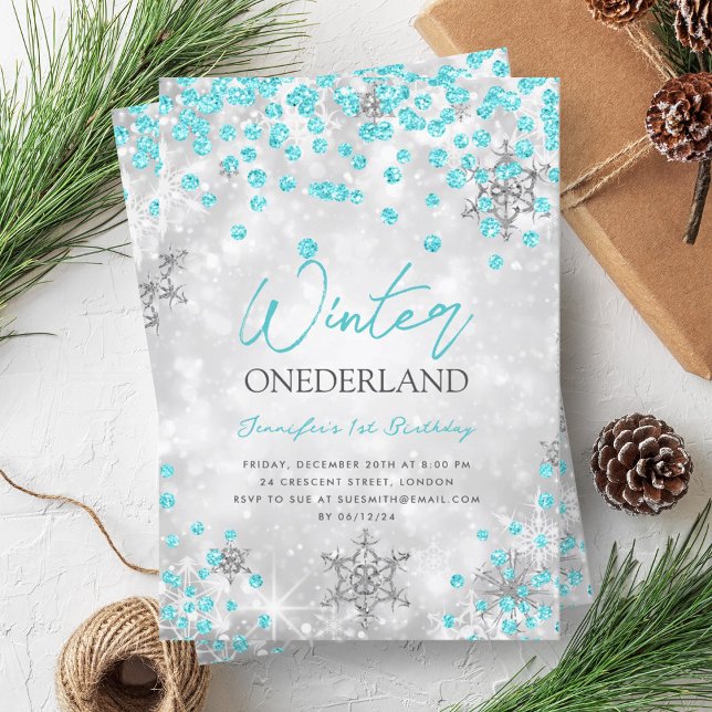 Invitation Silver Turquoise Hiver ONEDERLAND 1er anniversaire (Silver Turquoise Winter ONEDERLAND 1st Birthday Invitation)