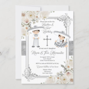 Invitation Silver Twin Mexicain Baptême Anniversaire Floral
