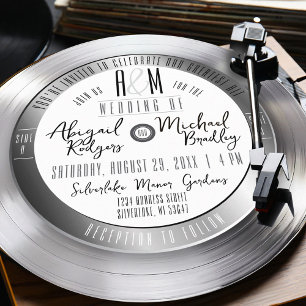 Invitation Silver Vinyl Record Monogramme Mariage de musique 