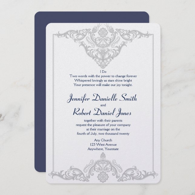 Invitation Silver White et Navy Mariage damassé (Devant / Derrière)