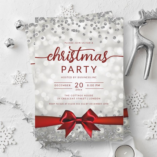 Invitation Silver Winter Glam Company Xmas Red Ribbon (Silver Winter Glam Company Xmas Red Ribbon Invitation)