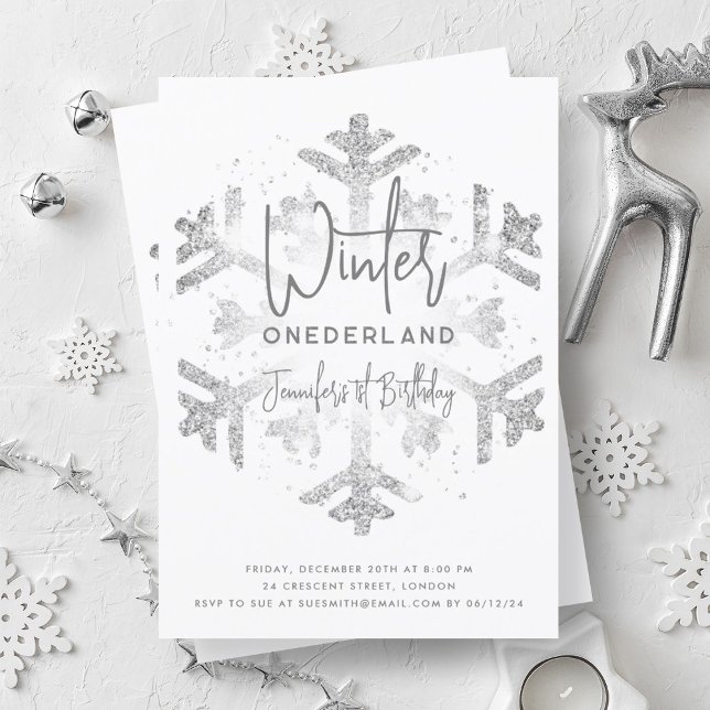 Invitation Silver Winter ONEDERLAND 1er anniversaire Parties  (Silver Winter ONEDERLAND 1st Birthday FAUX Glitter Invitation)