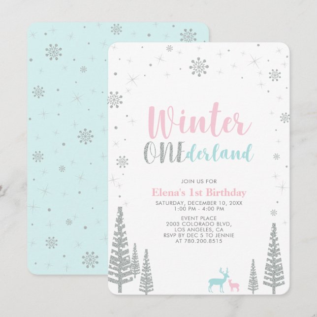 Invitation Silver Winter onederland 1ère fête d'anniversaire (Devant / Derrière)