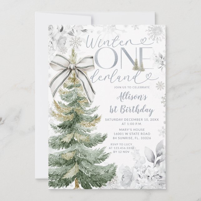 Invitation Silver Winter ONEderland Christmas Tree Birthday (Devant)