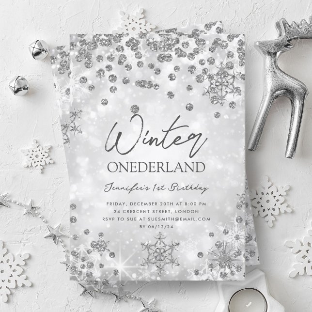 Invitation Silver Winter ONEDERLAND Étincelle 1er anniversair (Silver Winter ONEDERLAND Sparkle 1st Birthday Invitation)