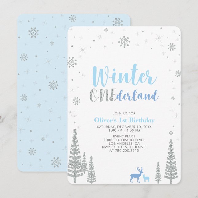 Invitation Silver Winter onederland garçon 1er anniversaire f (Devant / Derrière)