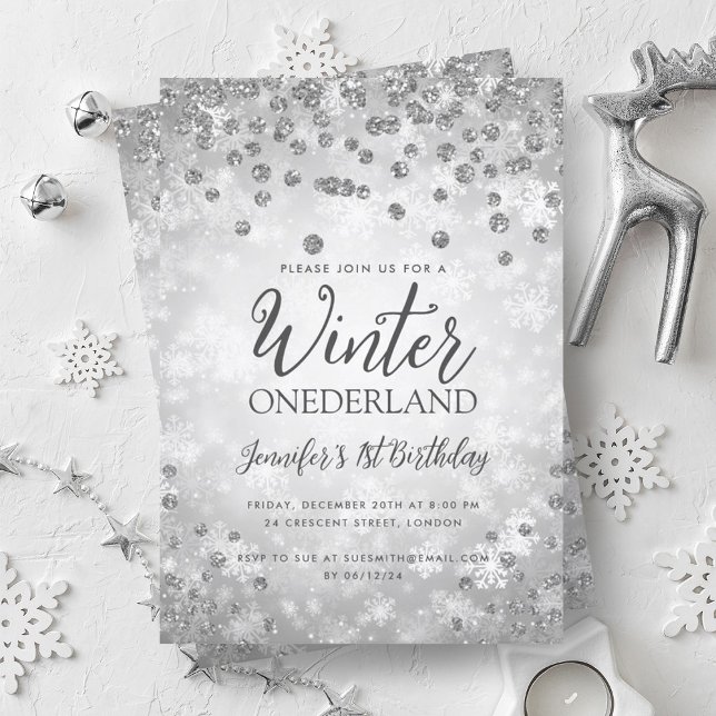 Invitation Silver Winter ONEDERLAND Parties scintillant 1er a (Silver Winter ONEDERLAND Glitter 1st Birthday Invitation)