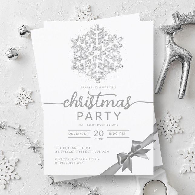 Invitation Silver Winter Parties scintillant Snowflake Compan (Silver Winter Glitter Snowflake Company Xmas Invitation)