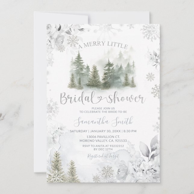Invitation Silver Winter Pine Tree Merry Little Bridal Shower (Devant)