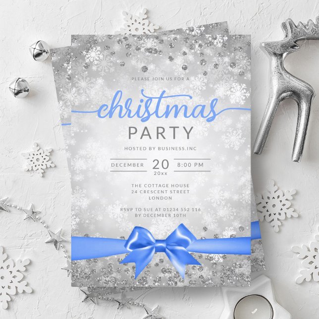 Invitation Silver Winter Snowflakes Company Blue Ribbon (Silver Winter Snowflakes Company Blue Ribbon Invitation)