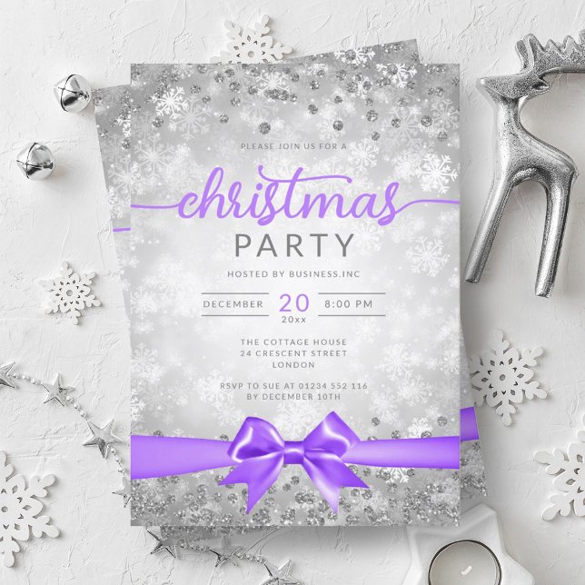 Invitation Silver Winter Snowflakes Company Purple Ribbon (Silver Winter Snowflakes Company Purple Ribbon Invitation)