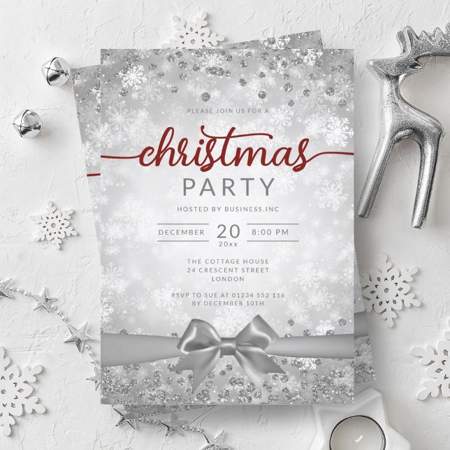 Invitation Silver Winter Snowflakes Company Red Ribbon (Silver Winter Snowflakes Company Red Ribbon Invitation)