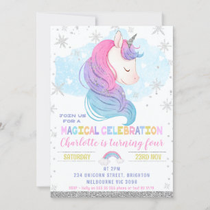 Invitation Silver Winter Unicorn Rainbow Anniversaire