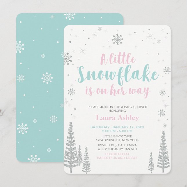 Invitation Silver Winter Wonderland, Baby shower fille (Devant / Derrière)