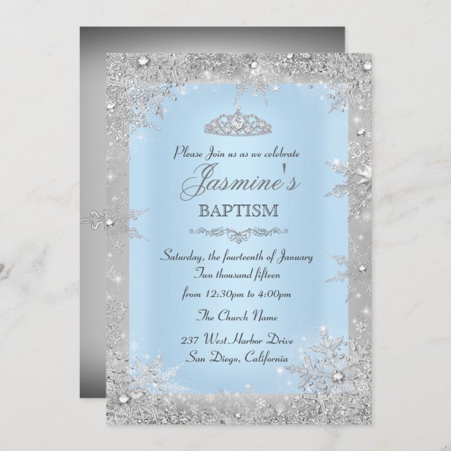 Invitation Silver Winter Wonderland Baptême Bleu Christening (Devant / Derrière)