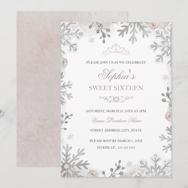 Invitation Silver Winter Wonderland Blush Sweet 16e anniversa (Devant / Derrière)