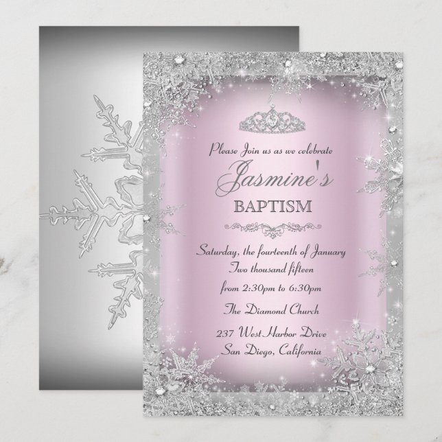 Invitation Silver Winter Wonderland Pink Baptism Christening (Devant / Derrière)