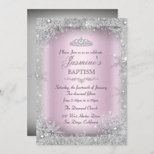 Invitation Silver Winter Wonderland Pink Baptism Christening