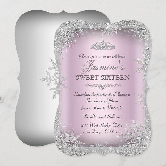 Invitation Silver Winter Wonderland Rose pour une  (Devant / Derrière)