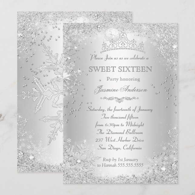 Invitation Silver Winter Wonderland Sweet 16 Tiara (Devant / Derrière)