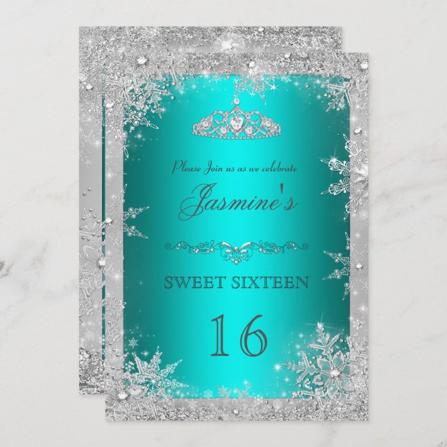 Invitation Silver Winter Wonderland turquoise doux 16 Invitat (Devant / Derrière)