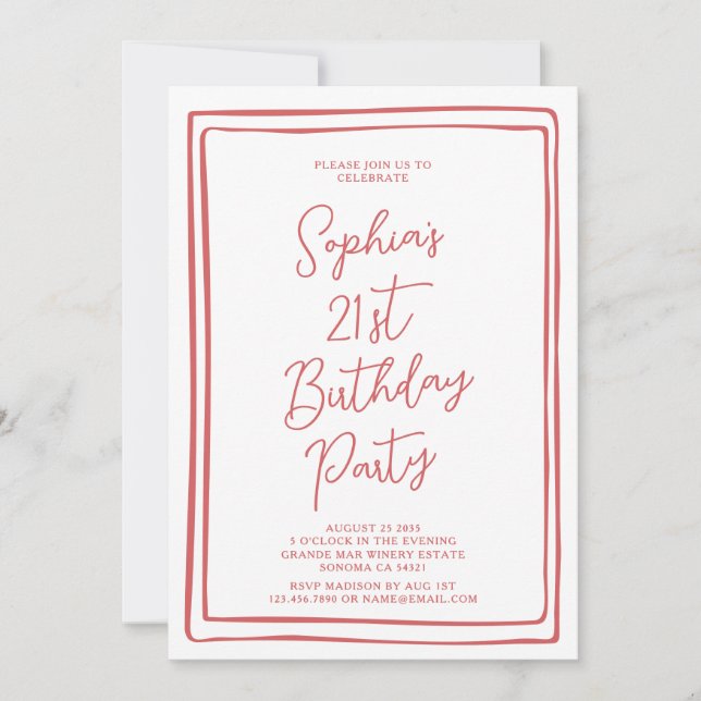 Invitation Simple 21st Birthday Hand drawn Script Red Photo (Devant)