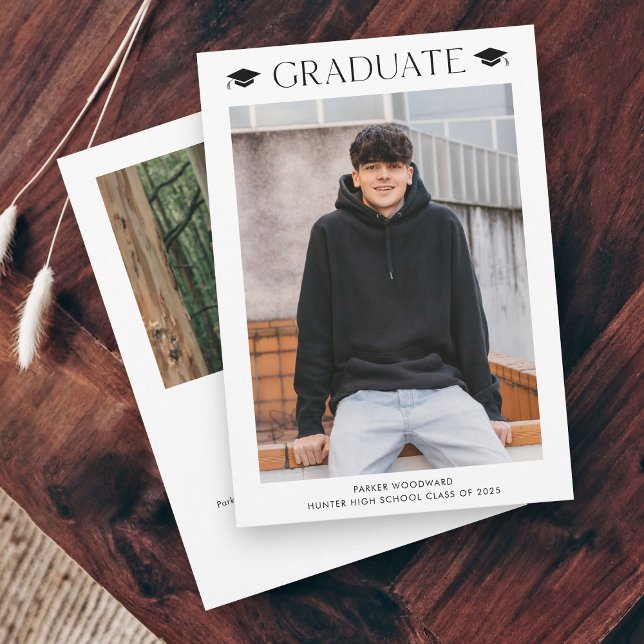 Invitation Simple 2 Photo Graduation (Simple black and white graduation cap photo graduation invitations.)