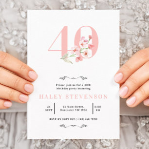 Invitation Simple 40e anniversaire floral chic rose et blanc