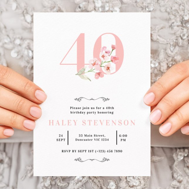 Invitation Simple 40e anniversaire floral chic rose et blanc (Créateur téléchargé)