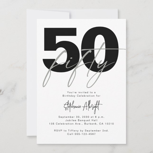 Invitation Simple 50 ans et Fabuleux Fête d'anniversaire noir (Devant)