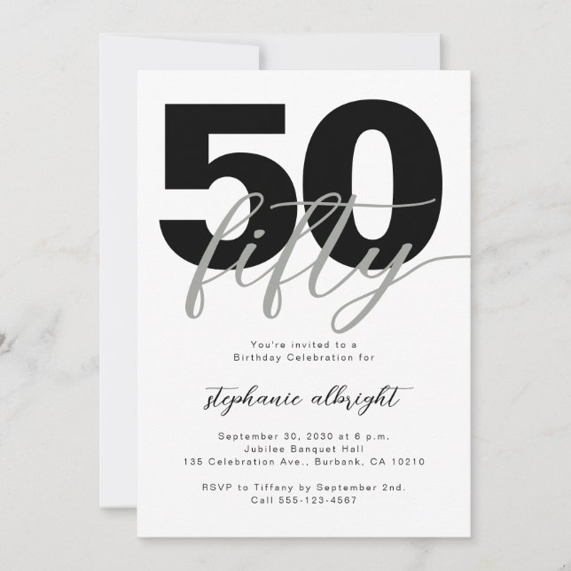 Invitation Simple 50 et Fabuleux Script Fête d'anniversaire 5 (Devant)