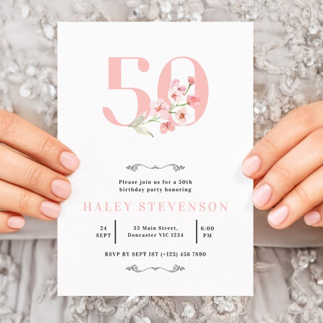 Invitation Simple 50e anniversaire floral rose et blanc éléga (Créateur téléchargé)
