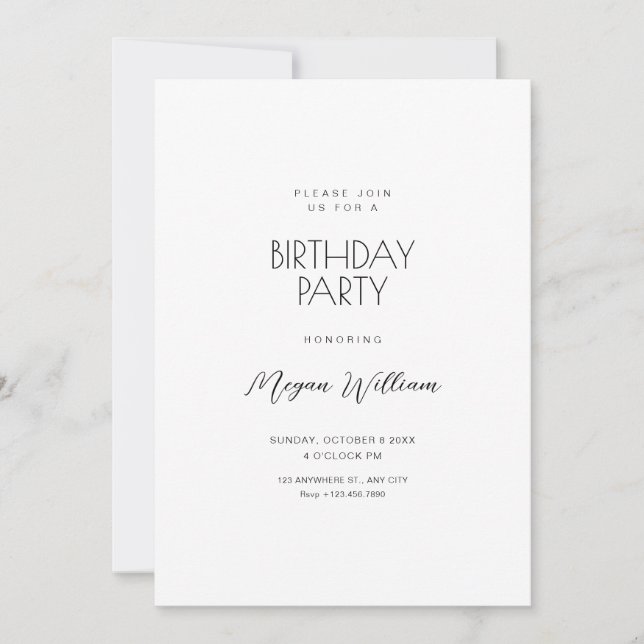 Invitation Simple anniversaire blanc minimaliste (Devant)